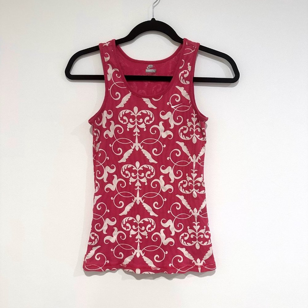 Nike, Light Fuschia Pink and White Pattern Ribbed Tank Top, Size Large